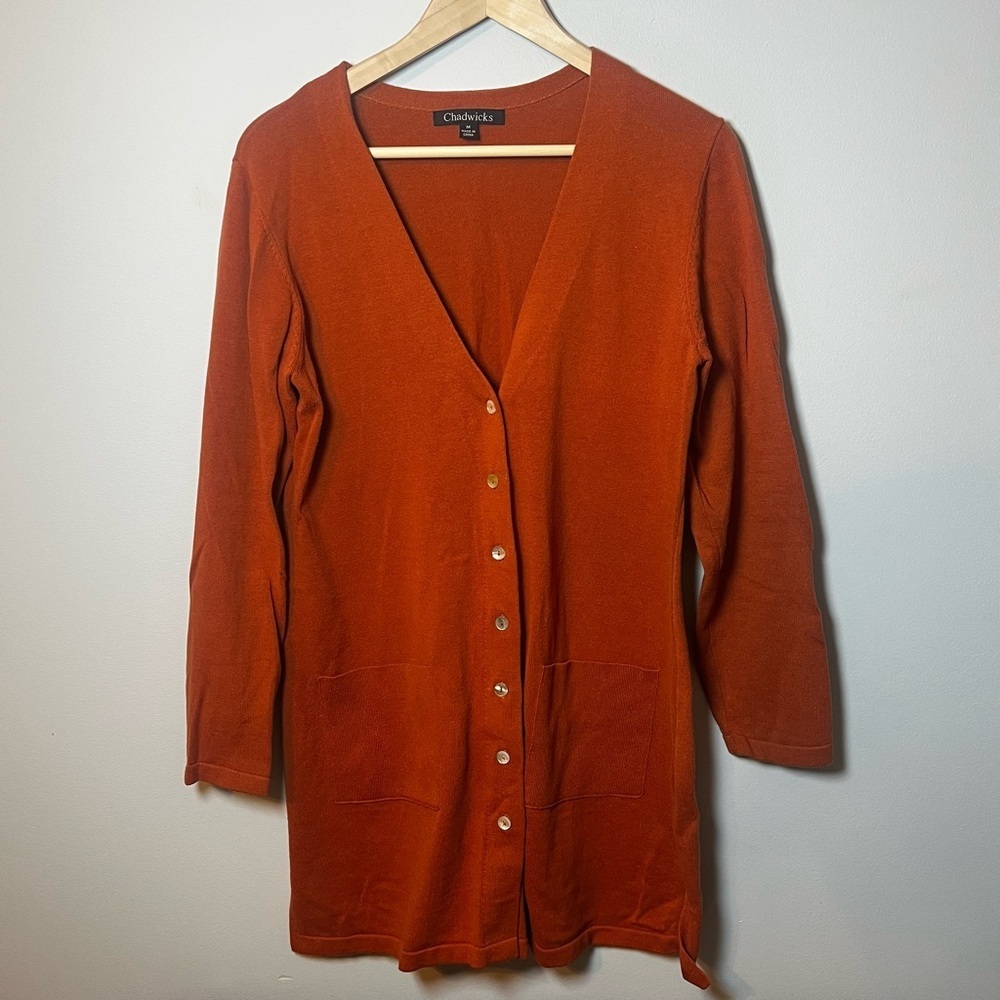 Chadwicks Long Cotton Boyfriend Cardigan Women’s M Rust V-neck Sweater Pockets